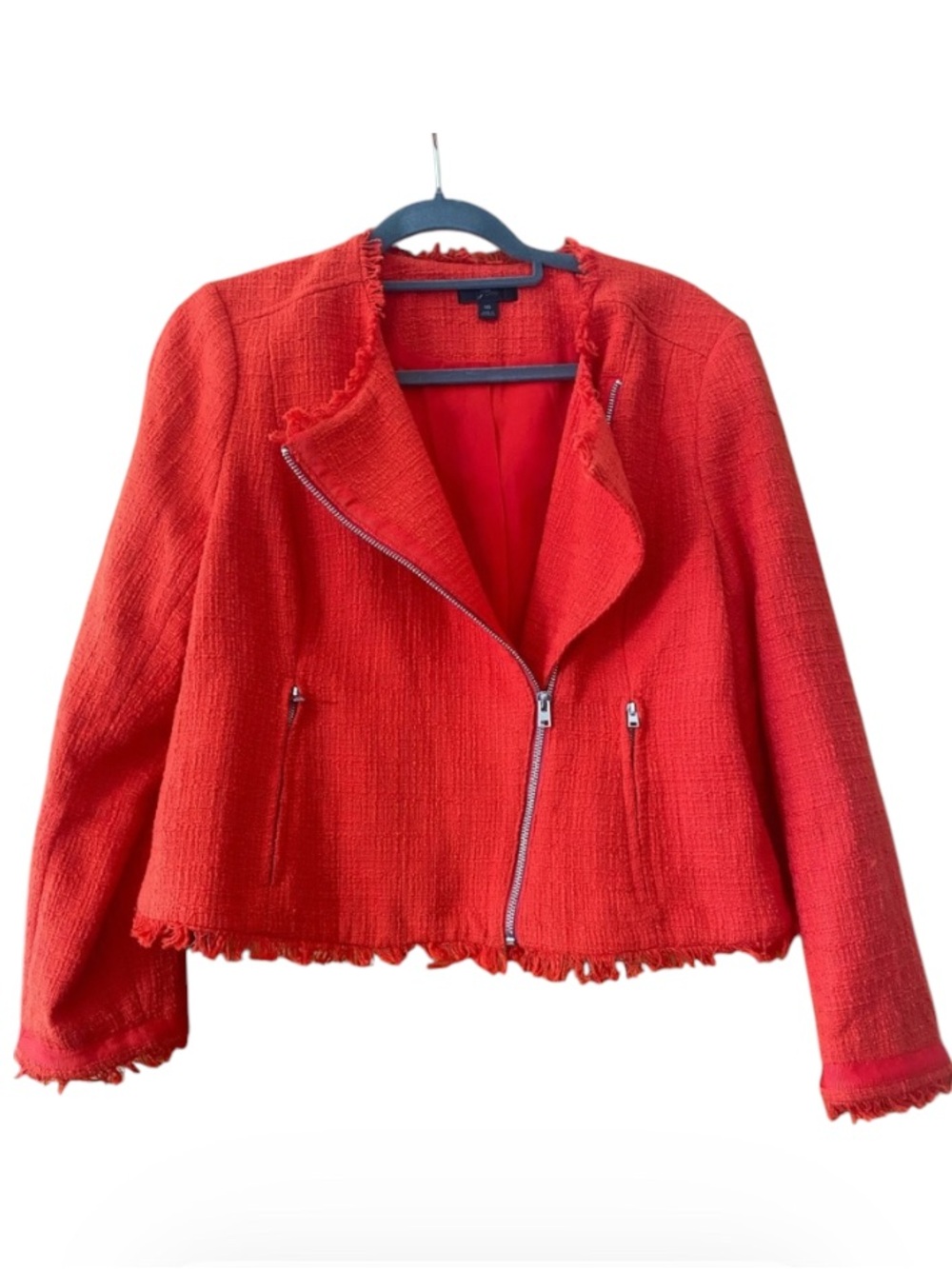 J.Crew Size 16 Vibrant Red/Orange Tweed Fringe Moto Jacket Asymmetrical Zip